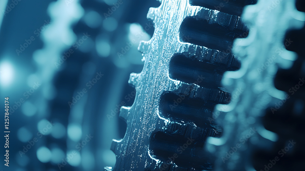 Poster close-up of metallic gears interlocking, showcasing intricate details and a cool, blue-toned backgro