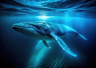 Naklejka premium Bioluminescent blue whale's ethereal glow illuminates the deep ocean's surreal night.