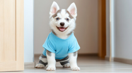 cute husky puppy wearing blue shirt sits happily on wooden floor in bright hallway. puppy playful expression and fluffy fur make it adorable sight