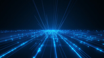 high tech digital landscape with glowing blue lines radiating outward, creating sense of depth and movement. This futuristic scene evokes feelings of innovation and technology
