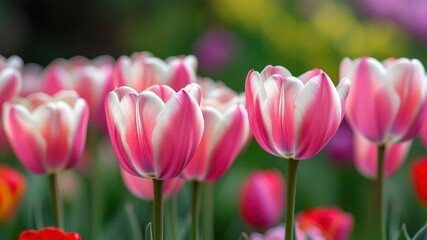 Vibrant pink tulips in full bloom create a colorful garden atmosphere, perfect for spring events and celebrations