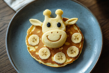 A pancake breakfast art featuring a smiling giraffe with banana slices for spots