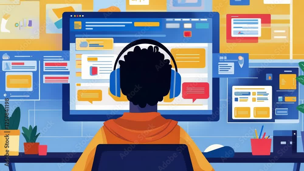 Poster programmer working from his home office using multiple computer screens and wearing headphones, deve