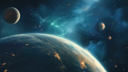 Obraz premium Stunning cosmic scene showcasing planets and stars, illustrating vast universe and wonders of space exploration