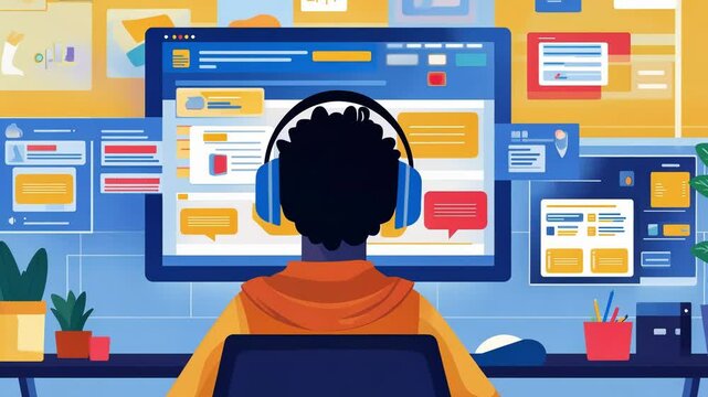 Programmer working from his home office using multiple computer screens and wearing headphones, developing software and managing projects efficiently in a productive workspace