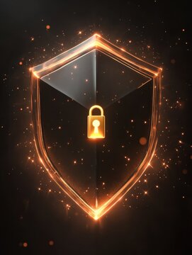 Digital security shield with lock, glowing particles on dark background.