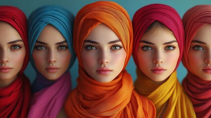 Obraz premium Four Women in Colorful Hijabs on a Light Blue Background