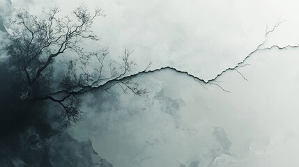 Submerged tree branches dramatically crackle across a muted grey waterscape. AI Generated