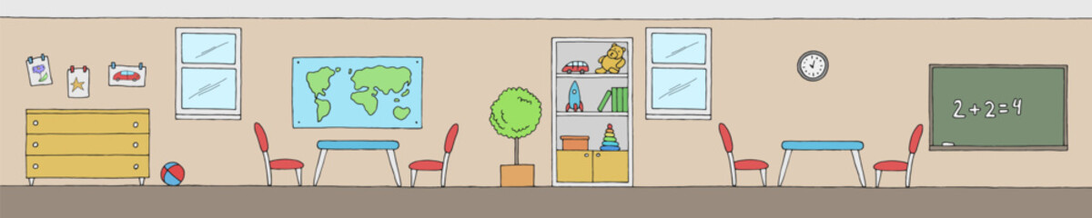 Kindergarten preschool classroom graphic color interior long sketch illustration vector 
