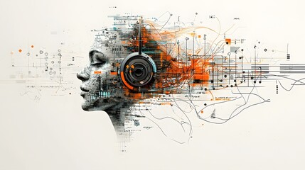 Futuristic abstract visual representation of music soundwaves and Featuring a dynamic colorful and high tech composition with geometric shapes neon accents and a intelligence inspired aesthetic