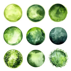 olive green round circle ring shape set of watercolor isolated on transparent background