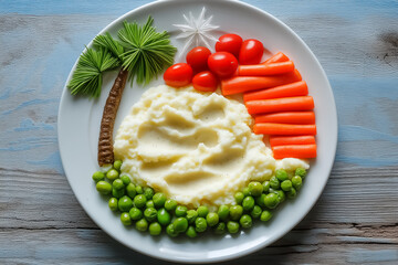 A plate of food arranged to depict a sunny beach scene with mashed potato sand and vegetable palm trees