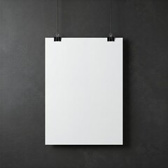 Blank white poster board hanging on a dark wall with clips at the top. Ideal for displays or presentations.