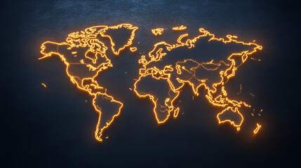 abstract world map illuminated with glowing orange lines on dark background, showcasing continents in modern and artistic style