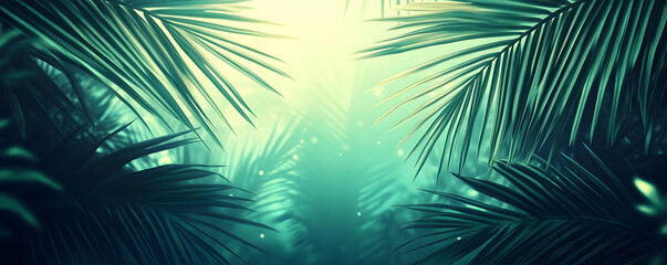 Obraz premium Serene Tropical Paradise Lush Green Palm Leaves Sunlight Filter Background