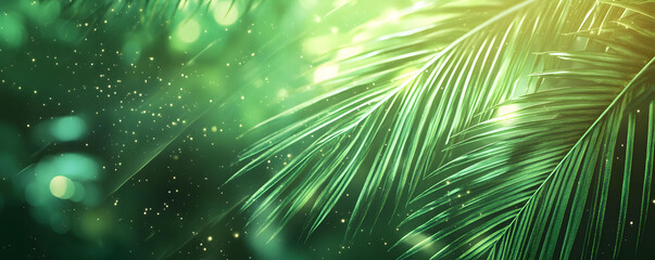 Lush Green Tropical Palm Leaves with Sparkling Bokeh Background