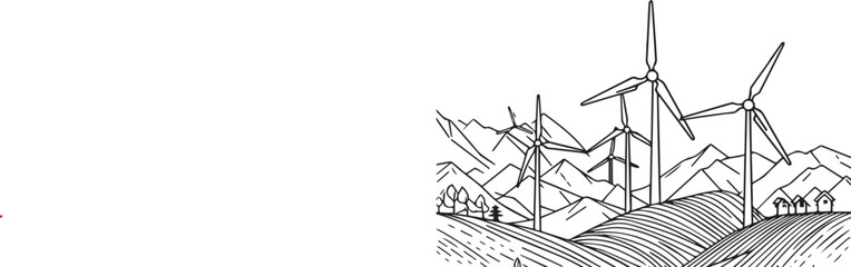 Hilly landscape with wind farm turbines energy continuous one line icon drawing. Renewable source green energy concept vector illustration. Contour one line sign for innovation, environment design