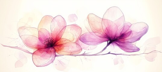 Fototapeta premium Watercolor Floral Illustration, Delicate Magnolia Flowers, Soft Pastel Colors, Gentle Art Print