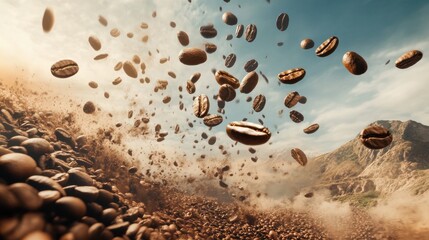 Coffee beans raining from the sky in a surreal landscape, symbolizing abundance on International Coffee Day, surreal, coffee beans, sky, event