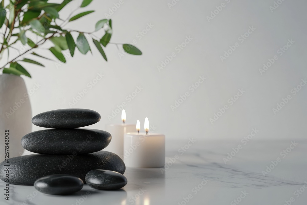 Poster relaxing spa setting with soothing massage stones and flickering candles for a calming experience. g