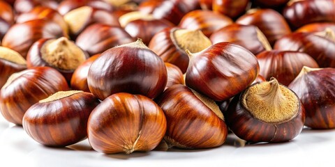 Obraz premium Close-up chestnut textures: sharp details of brown nuts showcased on white.