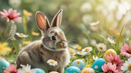 Cute bunny surrounded by colorful Easter eggs and blooming flowers, symbolizing springtime joy and celebrations