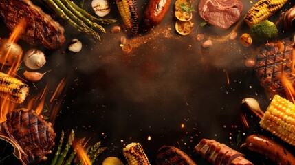 Grilled bbq feast frame with vegetables, corn, and meat on black smoky background