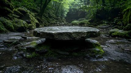 Stone platform in mossy forest stream. Product display
