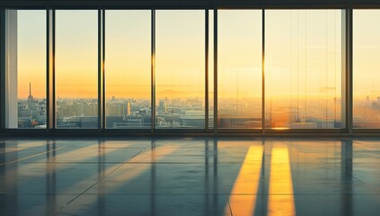 Fototapeta premium Sunrise Cityscape: Golden Hour Views from Modern Office Windows, Illuminating Floor Reflections