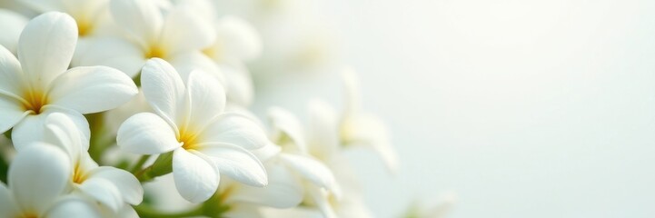 Fototapeta premium Airborne jasmine flowers, pristine white petals against a stark white backdrop , floating, high-resolution