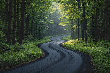 Obraz premium Winding road surrounded by dense green forest landscape under clear blue sky