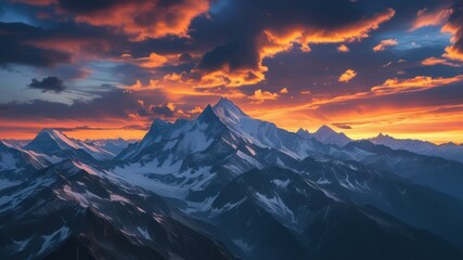 Mountain landscape at sunset with dramatic clouds creating a vibrant sky, showcasing nature's breathtaking beauty