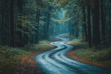 Fototapeta premium Winding road surrounded by lush green trees in a tranquil forest setting