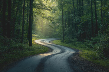 Obraz premium A winding road through a lush green forest surrounded by tall trees and natural scenery