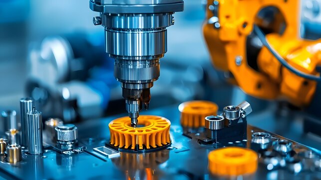 Closeup view of an injection molding machine producing plastic components in an industrial manufacturing facility  The machine s precision mechanisms and metallic parts are visible
