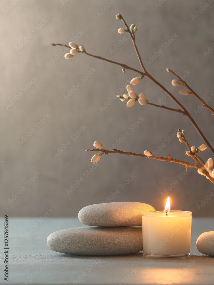 Aufkleber Relaxing spa setting with smooth stones and lit candles in soothing ambiance for wellness and tranquility. Generative AI