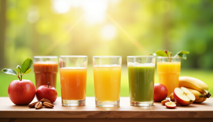 Fototapeta premium Freshly pressed juices on rustic table at dawn, health inspiration