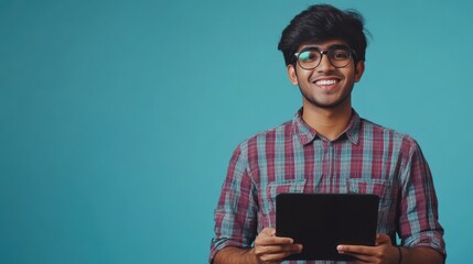 Happy indian young man using digital tablet isolated on blue background. Smiling ethnic student guy holding pad remote learning in app, studying or communicating, surfing online, reading e book.