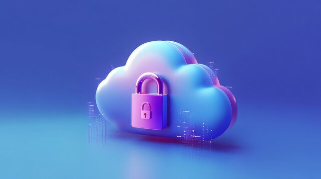 Abstract illustration of cloud security services, stylized cloud icon integrated with a secure padlock symbol, representing data protection and cybersecurity in cloud computing environments.