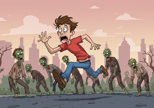 Frightened man running from zombies in urban setting.
