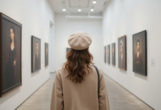 A woman in a chic beige French beret walks through a contemporary art gallery with minimalist decor and bright white walls, captured in crisp focus with soft lighting Generative AI