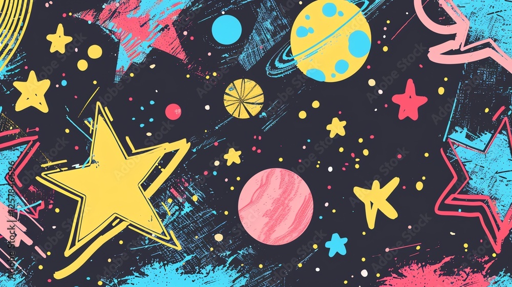 Wall mural abstract space pattern with stars and planets on a dark background.
