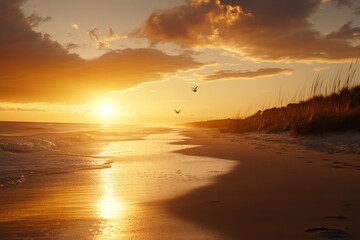 Obraz premium Golden sunset over a tranquil beach with gentle waves and flying birds