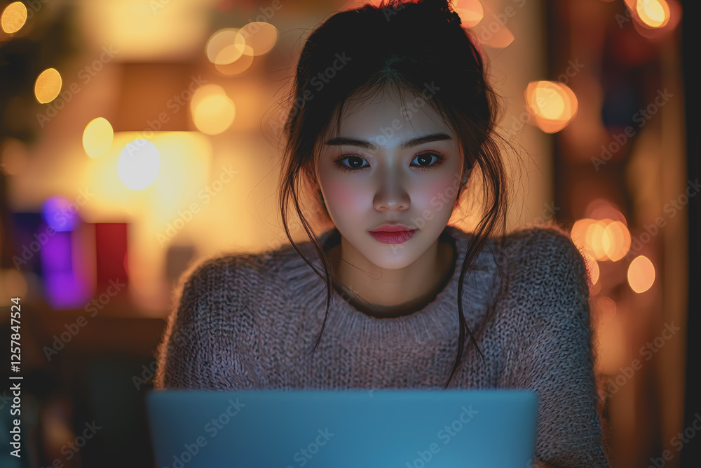 Canvas Prints Woman sitting at a table with a laptop working on a project or browsing the internet indoors