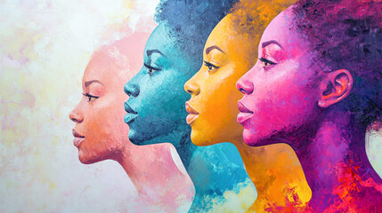 Expressions of empowerment captured in profile through vibrant colors and abstract artistry celebrating gender equality