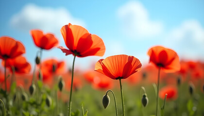Obraz premium Vibrant Red Poppies in Full Bloom – Peaceful Field, Bright Blue Sky, Fluffy Clouds, Serene Natural Beauty, and Fresh Spring Atmosphere.