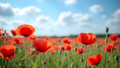 Obraz premium Vibrant Red Poppies in Full Bloom – Peaceful Field, Bright Blue Sky, Fluffy Clouds, Serene Natural Beauty, and Fresh Spring Atmosphere.