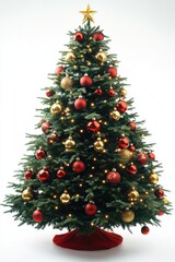 Fototapeta premium A fully decorated Christmas tree with ornaments and lights. Red, gold, and green colors.