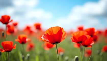 Fototapeta premium Vibrant Red Poppies in Full Bloom – Peaceful Field, Bright Blue Sky, Fluffy Clouds, Serene Natural Beauty, and Fresh Spring Atmosphere.