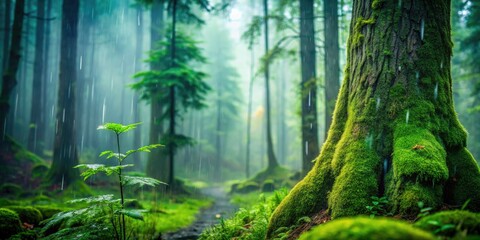 Fototapeta premium Dark, misty rainforest; rain-soaked trees, lush foliage, dramatic nature photography captures the wet landscape.